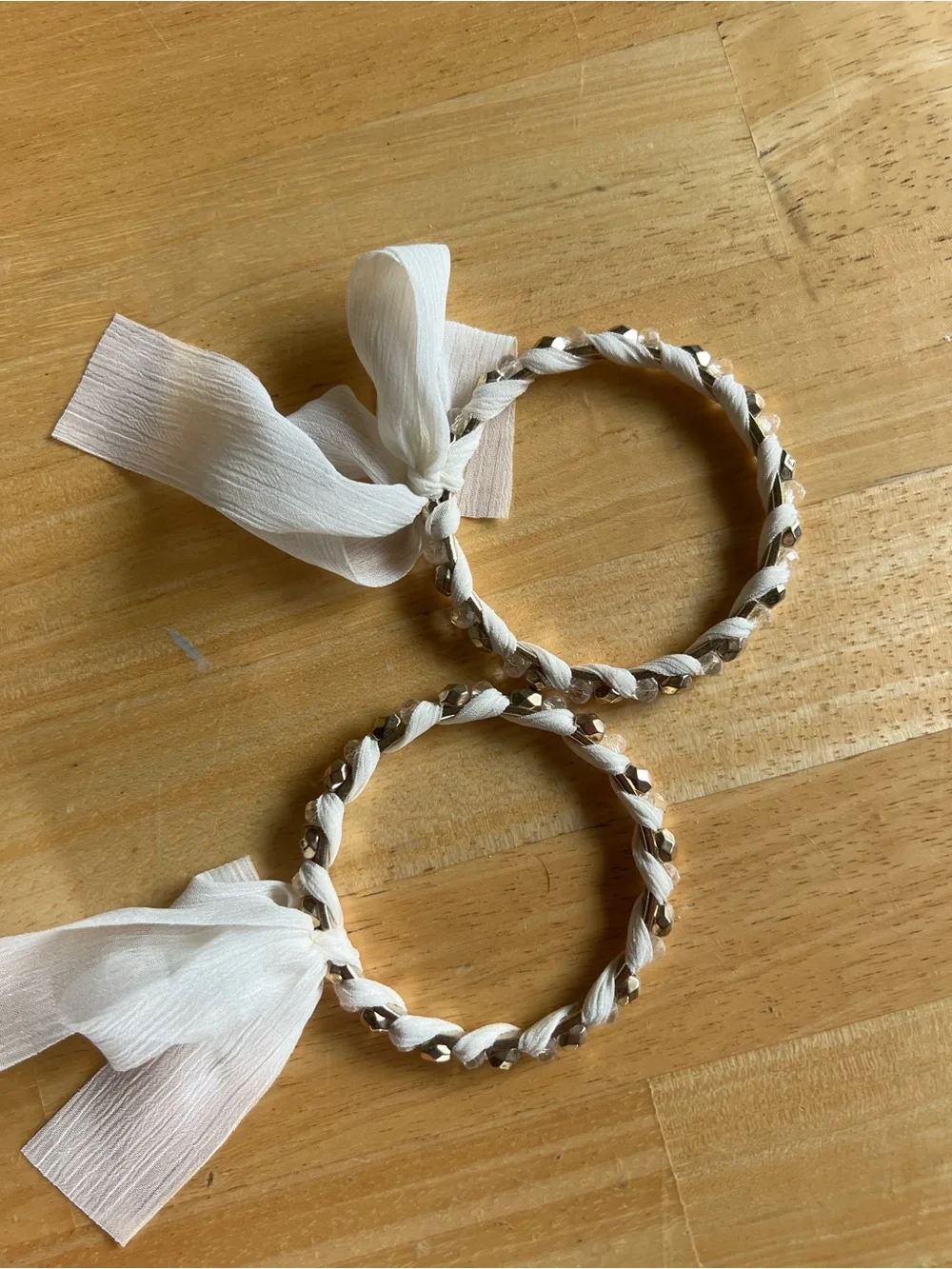 White Ribbon Braided Beaded Bangle Set - Women Accessories